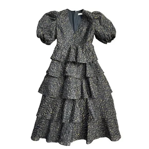 Marie Oliver Everly Embroidered Ruffle Organza Midi in Plume Dress Size 2